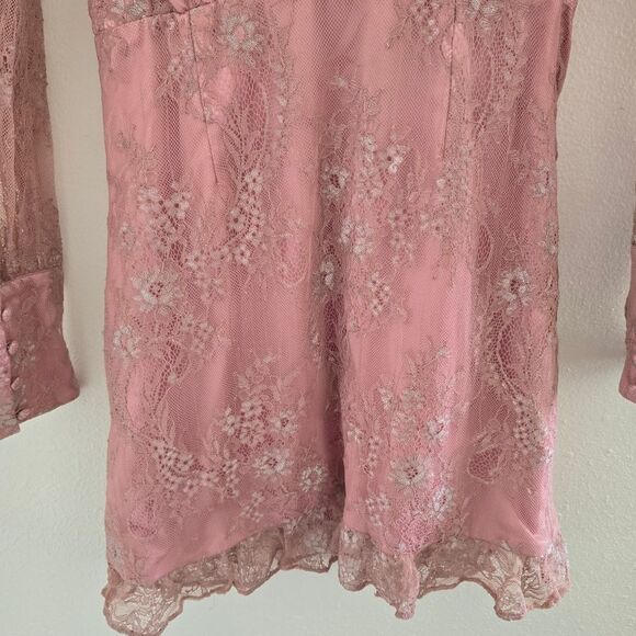 Lovers + Friends "Abigail" Lace Long Sleeve Mini Dress Metallic Rose Size Small - Picture 12 of 16